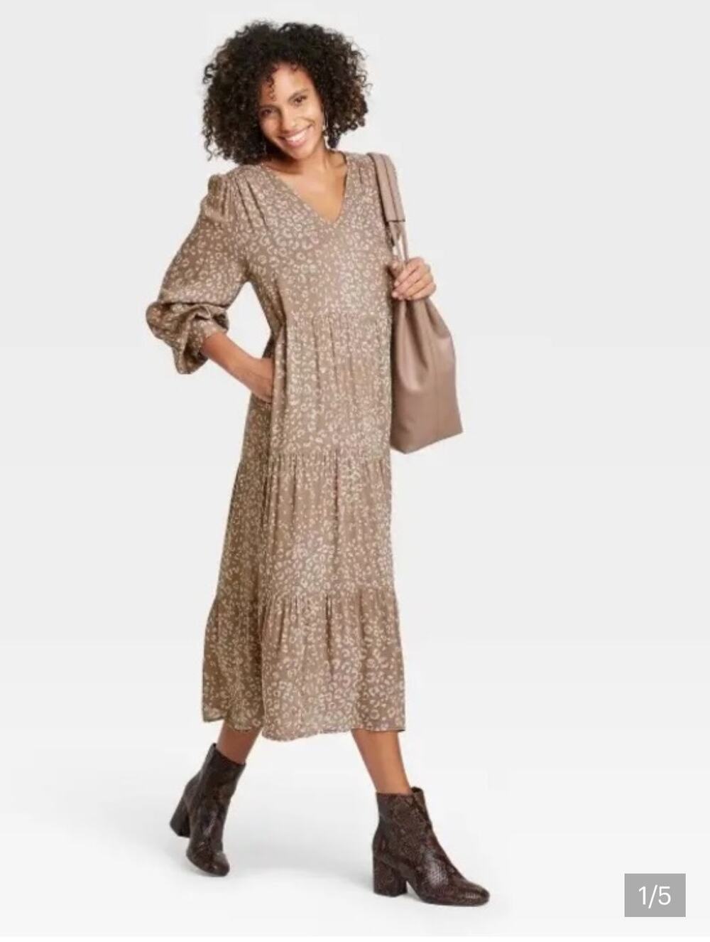 A New Day Brown Leopard Print Tiered Maxi Dress XS Fall Boho